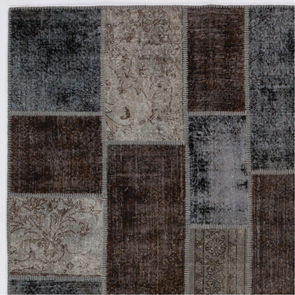 Contemporary Gray, Black and Brown Patchwork Rug | Hand-Knotted Turkish Vintage Overdyed Wool Carpet