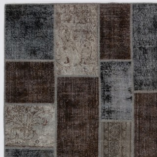 Contemporary Gray, Black and Brown Patchwork Rug | Hand-Knotted Turkish Vintage Overdyed Wool Carpet Contemporary Gray, Black and Brown Patchwork Rug | Hand-Knotted Turkish Vintage Overdyed Wool Carpet