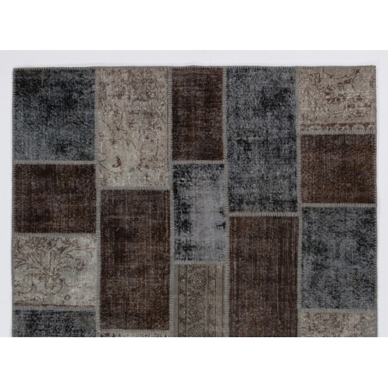 Turkish Hand-Knotted Patchwork Rug in Gray, Brown and Black Colors, Traditional Wool Carpet