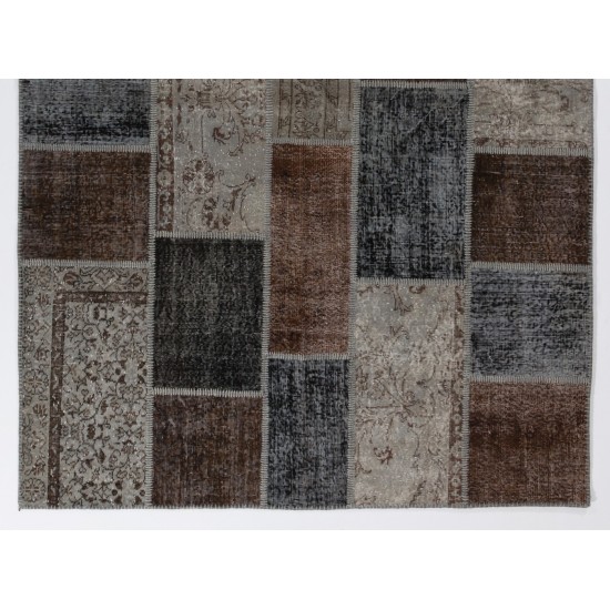 Turkish Hand-Knotted Patchwork Rug in Gray, Brown and Black Colors, Traditional Wool Carpet