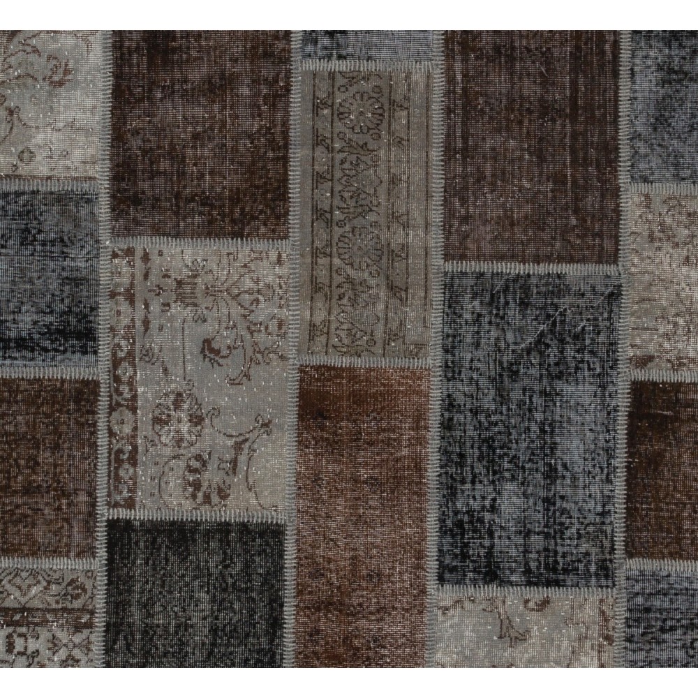 Turkish Hand-Knotted Patchwork Rug in Gray, Brown and Black Colors, Traditional Wool Carpet
