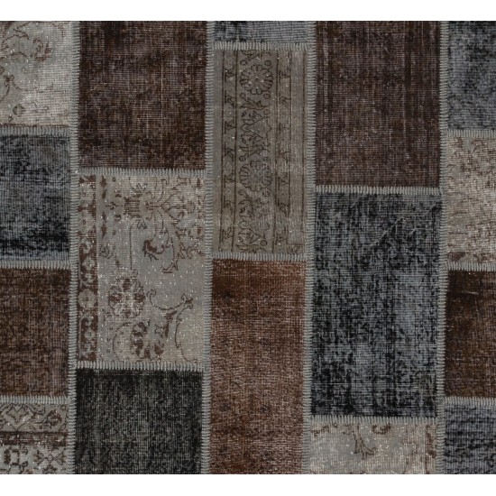 Turkish Hand-Knotted Patchwork Rug in Gray, Brown and Black Colors, Traditional Wool Carpet