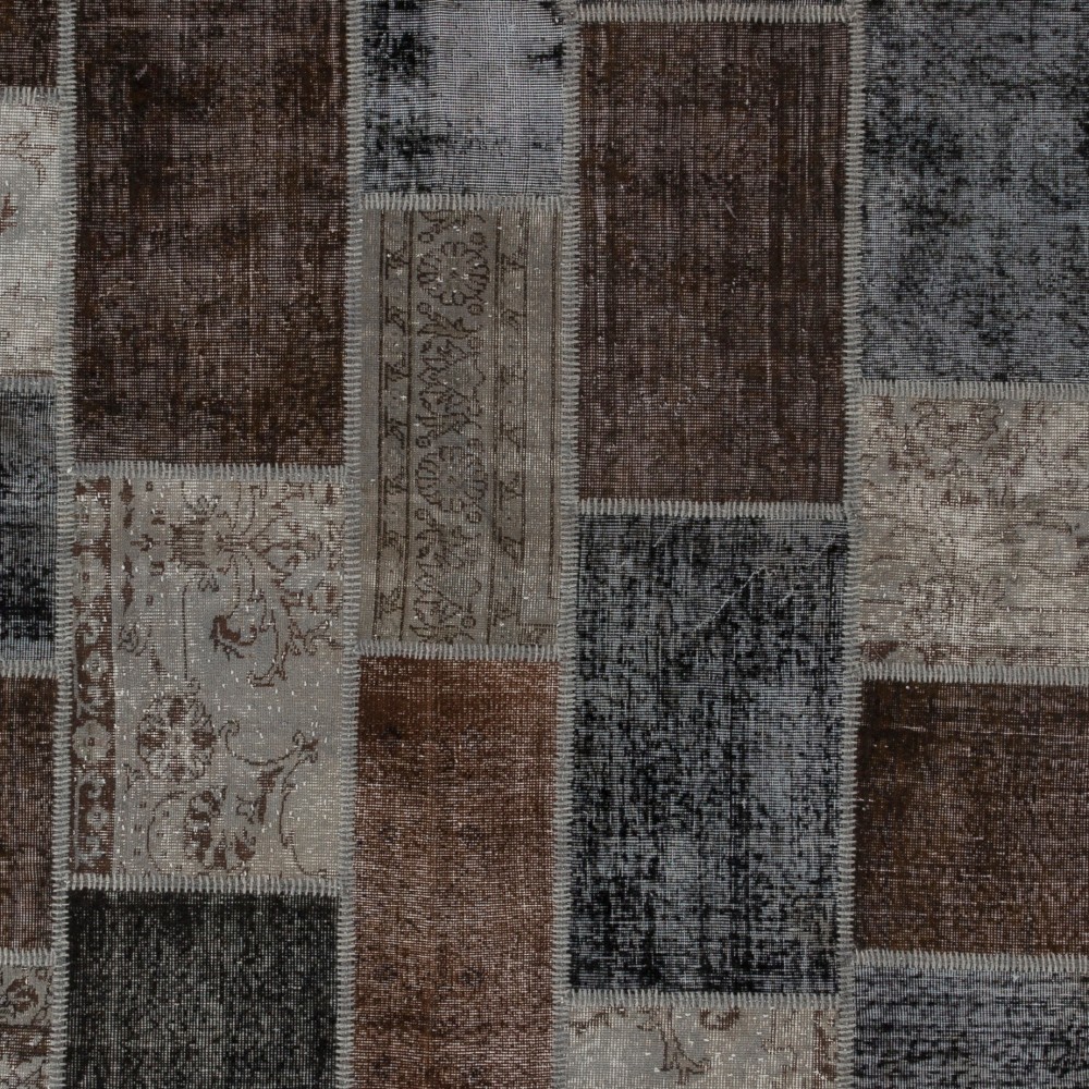 Contemporary Gray, Black and Brown Patchwork Rug | Hand-Knotted Turkish Vintage Overdyed Wool Carpet