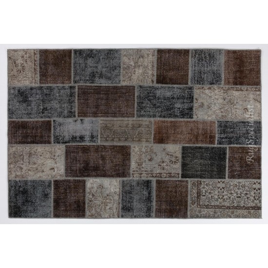 Turkish Hand-Knotted Patchwork Rug in Gray, Brown and Black Colors, Traditional Wool Carpet