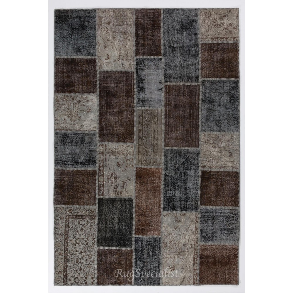 Turkish Hand-Knotted Patchwork Rug in Gray, Brown and Black Colors, Traditional Wool Carpet