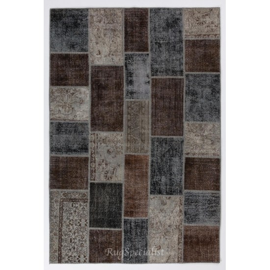 Turkish Hand-Knotted Patchwork Rug in Gray, Brown and Black Colors, Traditional Wool Carpet