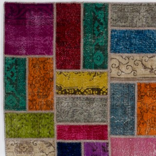 Vibrant Colorful Turkish Overdyed Patchwork Rug | Hand-Knotted Wool Area Rug for Modern Living Room Vibrant Colorful Turkish Overdyed Patchwork Rug | Hand-Knotted Wool Area Rug for Modern Living Room