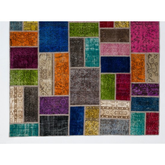 Multicolor Handmade Patchwork Rug Made from Over-Dyed Vintage Carpets