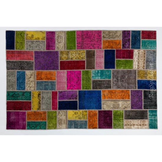 Multicolor Handmade Patchwork Rug Made from Over-Dyed Vintage Carpets