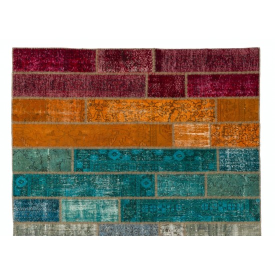 Bright Handmade Turkish Patchwork Rug for Modern Interiors, Custom Multicolored Vintage Carpet