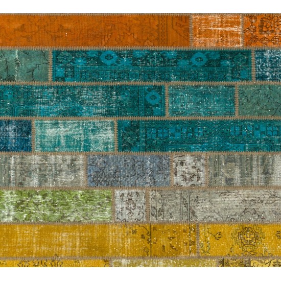 Bright Handmade Turkish Patchwork Rug for Modern Interiors, Custom Multicolored Vintage Carpet