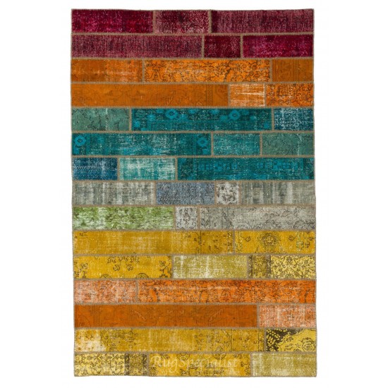 Bright Handmade Turkish Patchwork Rug for Modern Interiors, Custom Multicolored Vintage Carpet