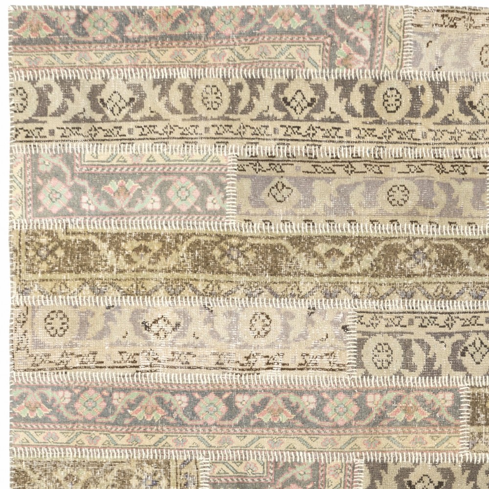 Vintage Beige Patchwork Rug | Hand-Knotted Turkish Sun Faded Wool Carpet Vintage Beige Patchwork Rug | Hand-Knotted Turkish Sun Faded Wool Carpet