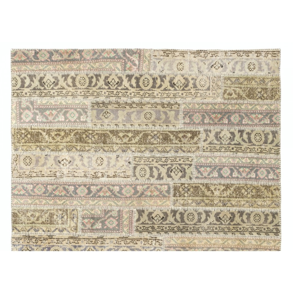 Turkish Handmade Patchwork Rug, Vintage Hand Knotted Oushak Carpet in Beige. Sun Faded Area Rug