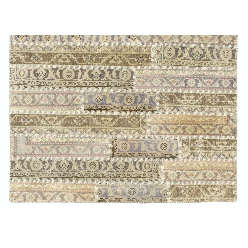 Turkish Handmade Patchwork Rug, Vintage Hand Knotted Oushak Carpet in Beige. Sun Faded Area Rug