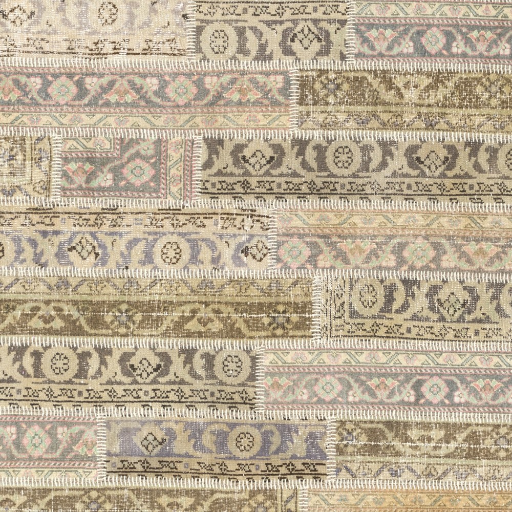 Vintage Beige Patchwork Rug | Hand-Knotted Turkish Sun Faded Wool Carpet Vintage Beige Patchwork Rug | Hand-Knotted Turkish Sun Faded Wool Carpet