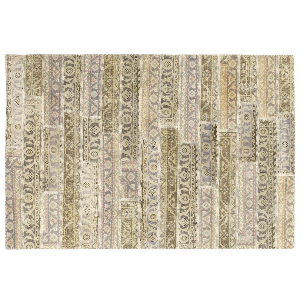 Turkish Handmade Patchwork Rug, Vintage Hand Knotted Oushak Carpet in Beige. Sun Faded Area Rug