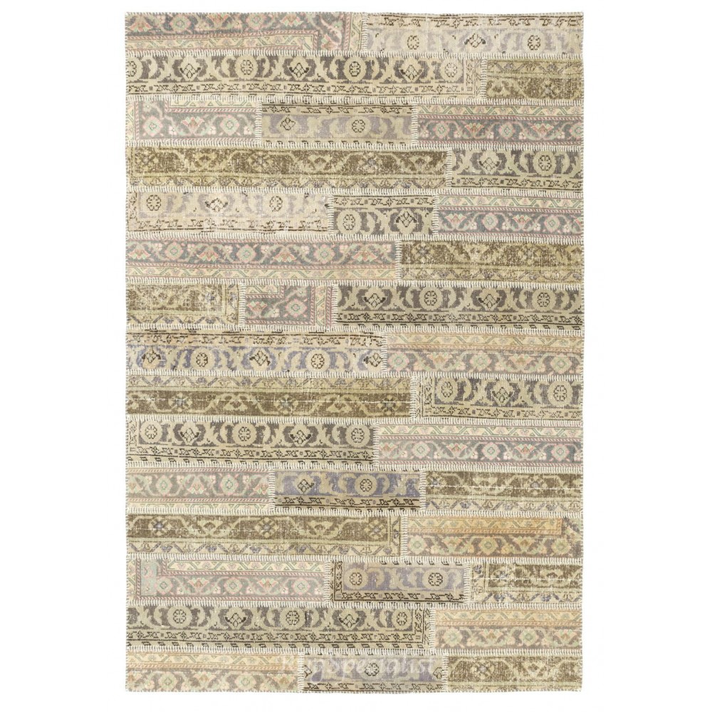 Turkish Handmade Patchwork Rug, Vintage Hand Knotted Oushak Carpet in Beige. Sun Faded Area Rug