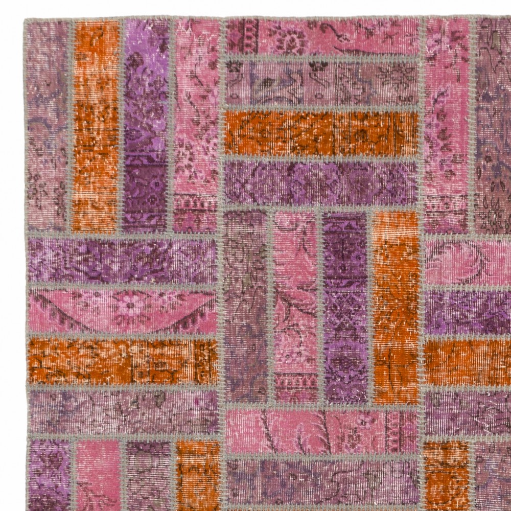 Contemporary Pink, Purple and Orange Brick Pattern Patchwork Rug | Hand-Knotted Turkish Overdyed Wool Carpet Contemporary Pink, Purple and Orange Brick Pattern Patchwork Rug | Hand-Knotted Turkish Overdyed Wool Carpet