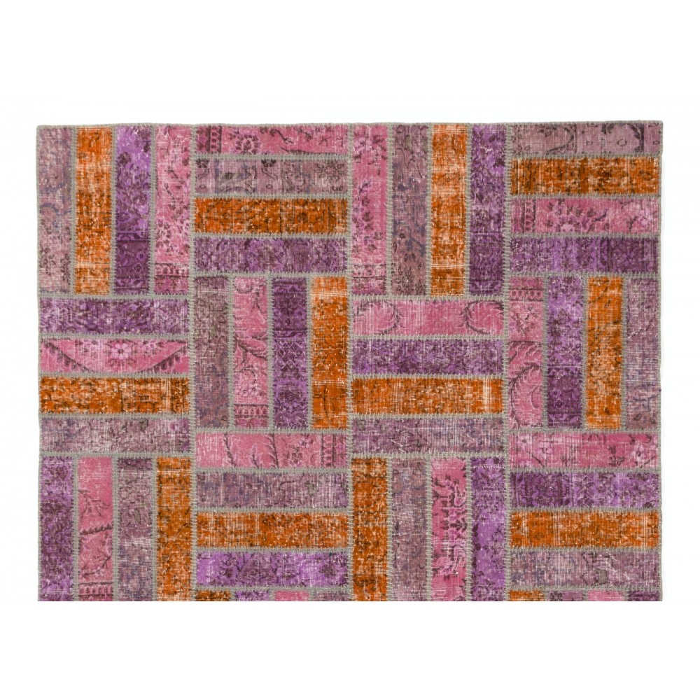 Handmade Patchwork Rug in Pink, Orange and Purple Colors, Decorative Handmade Wool Carpet