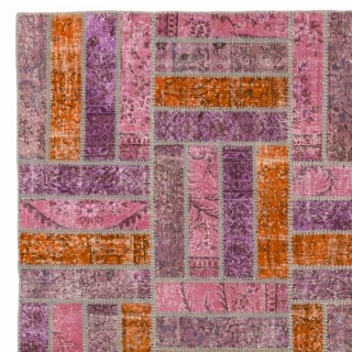 Contemporary Pink, Purple and Orange Brick Pattern Patchwork Rug | Hand-Knotted Turkish Overdyed Wool Carpet Contemporary Pink, Purple and Orange Brick Pattern Patchwork Rug | Hand-Knotted Turkish Overdyed Wool Carpet