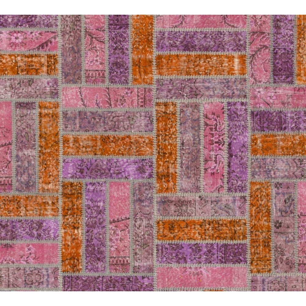 Handmade Patchwork Rug in Pink, Orange and Purple Colors, Decorative Handmade Wool Carpet