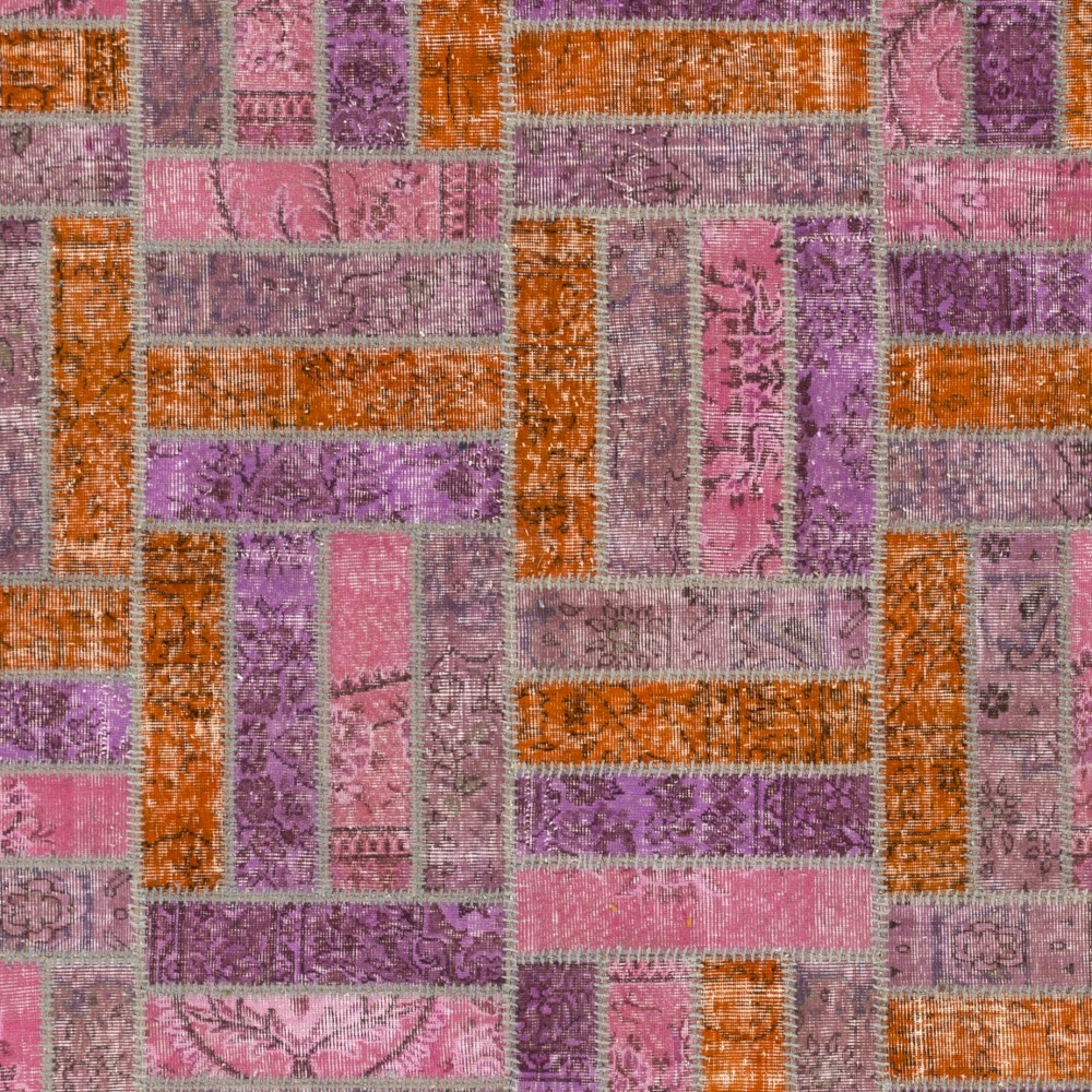 Contemporary Pink, Purple and Orange Brick Pattern Patchwork Rug | Hand-Knotted Turkish Overdyed Wool Carpet Contemporary Pink, Purple and Orange Brick Pattern Patchwork Rug | Hand-Knotted Turkish Overdyed Wool Carpet