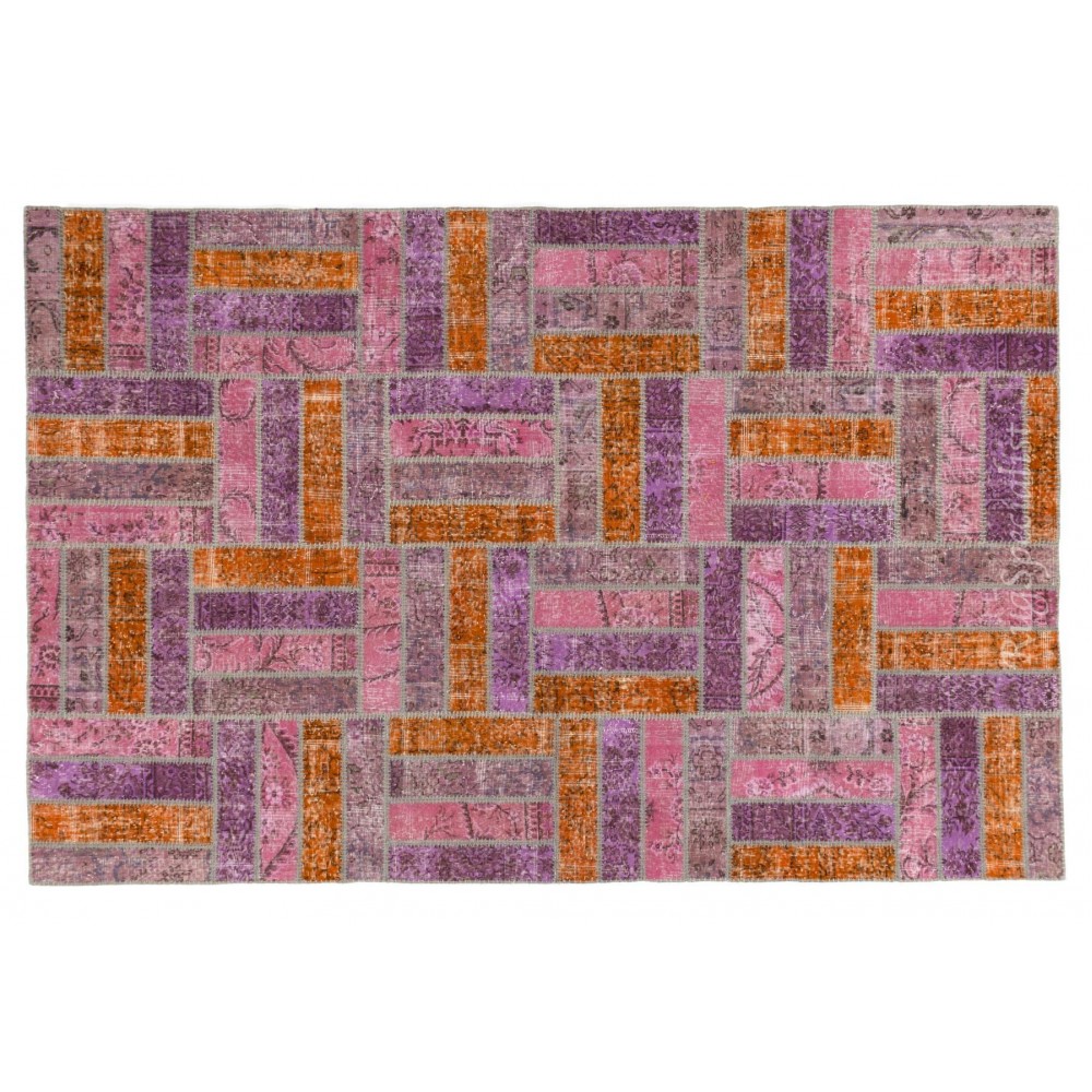 Handmade Patchwork Rug in Pink, Orange and Purple Colors, Decorative Handmade Wool Carpet