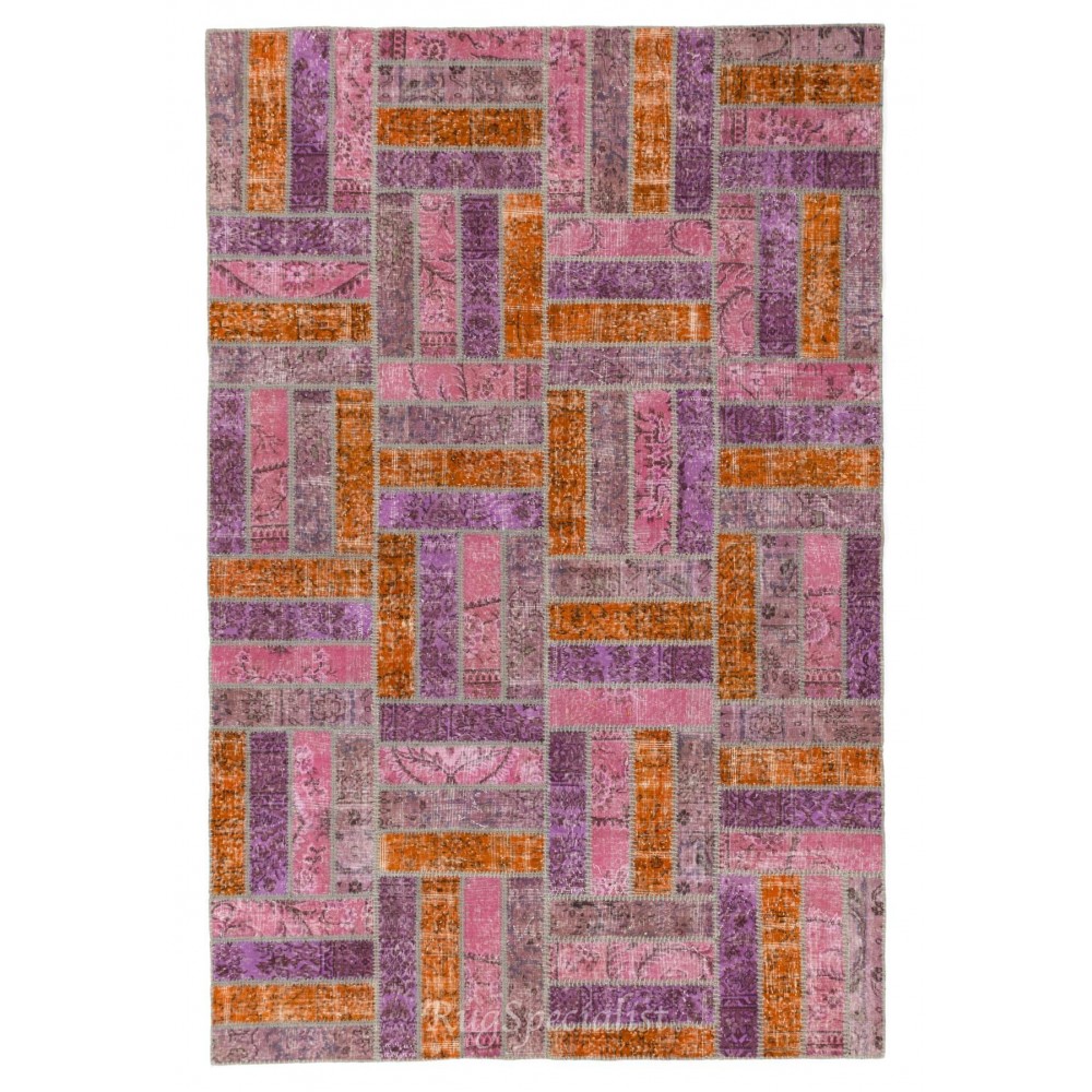 Handmade Patchwork Rug in Pink, Orange and Purple Colors, Decorative Handmade Wool Carpet