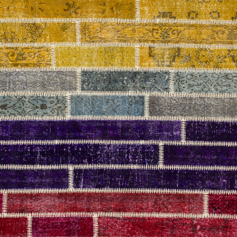 Colorful Rainbow Brick Pattern Patchwork Rug | Contemporary Hand-Knotted Turkish Overdyed Wool Carpet Colorful Rainbow Brick Pattern Patchwork Rug | Contemporary Hand-Knotted Turkish Overdyed Wool Carpet