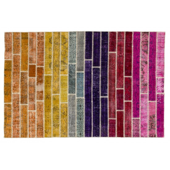 Bohemian Style Handmade Turkish Rainbow Patchwork Rug for Modern Interiors, Multicolored Wool Carpet