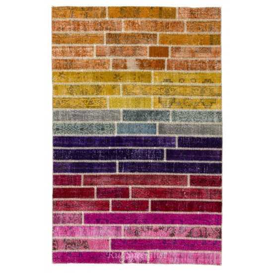 Bohemian Style Handmade Turkish Rainbow Patchwork Rug for Modern Interiors, Multicolored Wool Carpet