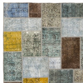 Yellow, Blue and Gray Patchwork Rug | Contemporary Hand-Knotted Turkish Overdyed Wool Carpet Yellow, Blue and Gray Patchwork Rug | Contemporary Hand-Knotted Turkish Overdyed Wool Carpet