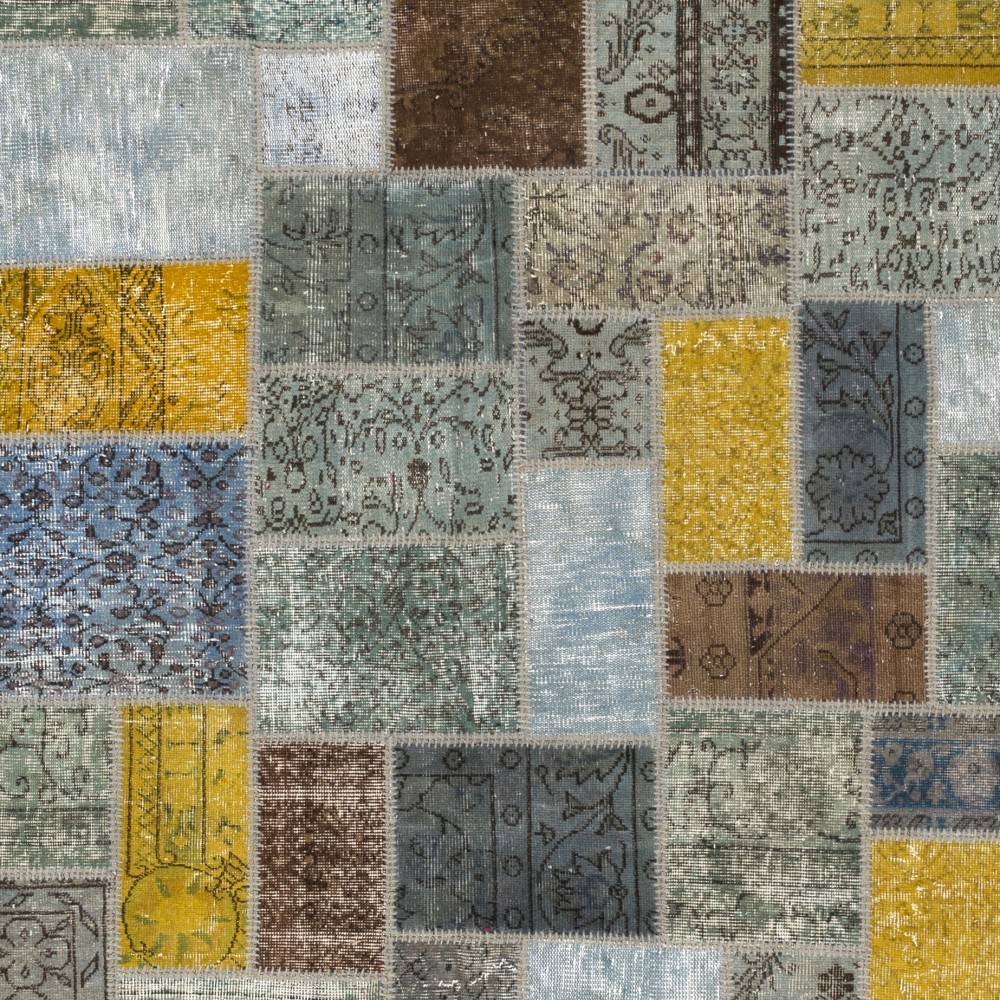 Yellow, Blue and Gray Patchwork Rug | Contemporary Hand-Knotted Turkish Overdyed Wool Carpet Yellow, Blue and Gray Patchwork Rug | Contemporary Hand-Knotted Turkish Overdyed Wool Carpet