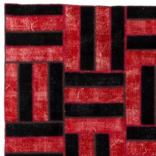 Contemporary Red and Black Patchwork Rug | Hand-Knotted Turkish Overdyed Wool Carpet Contemporary Red and Black Patchwork Rug | Hand-Knotted Turkish Overdyed Wool Carpet