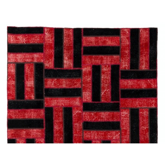 Handmade Area Rug in Red & Black, New Turkish Wool Patchwork Carpet