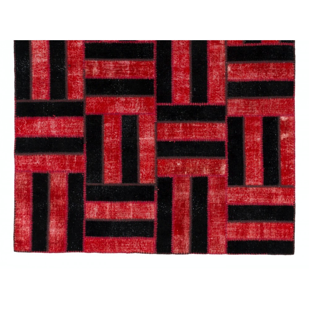 Handmade Area Rug in Red & Black, New Turkish Wool Patchwork Carpet