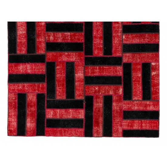 Handmade Area Rug in Red & Black, New Turkish Wool Patchwork Carpet