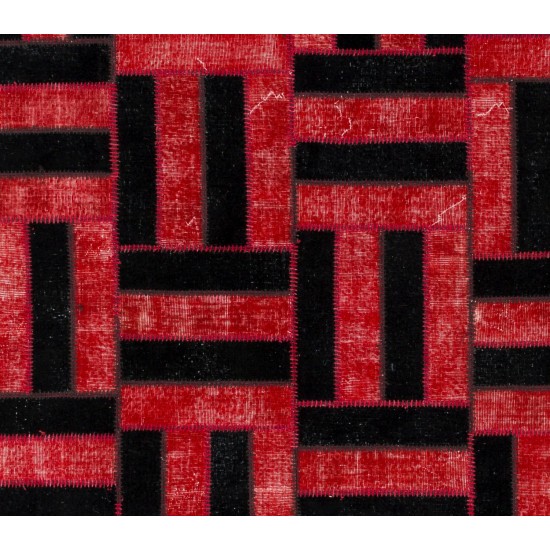 Handmade Area Rug in Red & Black, New Turkish Wool Patchwork Carpet