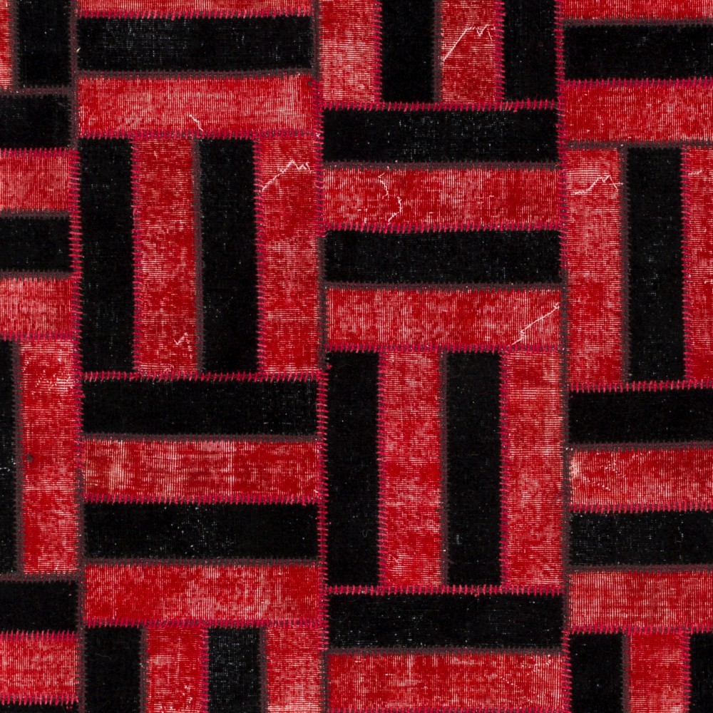 Contemporary Red and Black Patchwork Rug | Hand-Knotted Turkish Overdyed Wool Carpet Contemporary Red and Black Patchwork Rug | Hand-Knotted Turkish Overdyed Wool Carpet