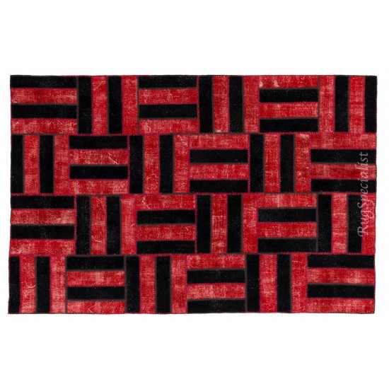 Handmade Area Rug in Red & Black, New Turkish Wool Patchwork Carpet