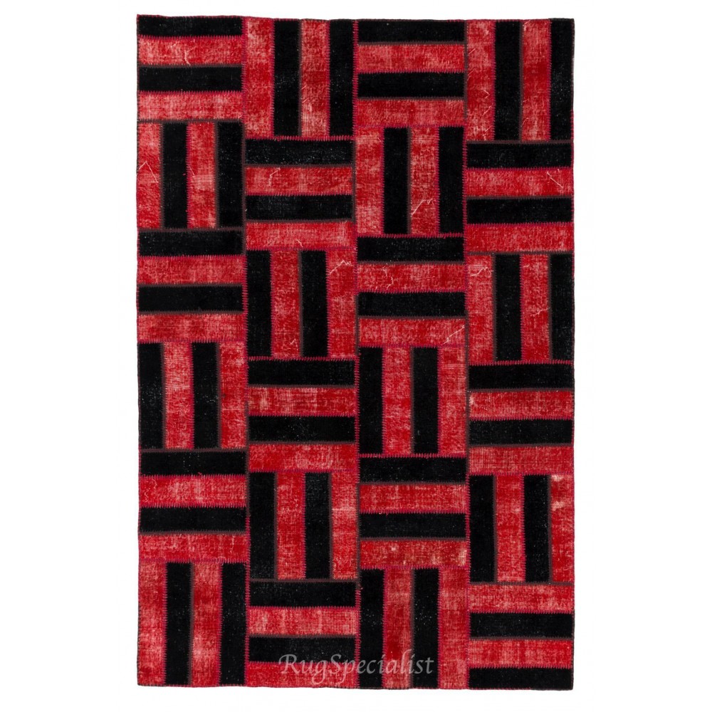 Handmade Area Rug in Red & Black, New Turkish Wool Patchwork Carpet