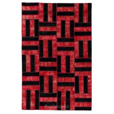 Handmade Area Rug in Red & Black, New Turkish Wool Patchwork Carpet