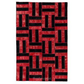 Handmade Area Rug in Red & Black, New Turkish Wool Patchwork Carpet