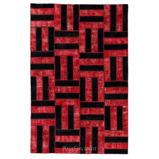 Handmade Area Rug in Red & Black, New Turkish Wool Patchwork Carpet