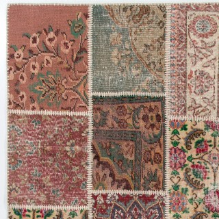 Traditional Hand-Knotted Wool Patchwork Rug | Vintage Turkish Carpet