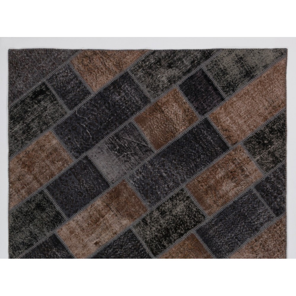 Handmade Turkish Patchwork Rug in Brown and Black Colors, Contemporary Re-Dyed Wool Carpet