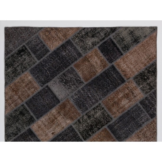 Turkish Hand Knotted Patchwork Rug in Brown and Black Colors, Contemporary Re-Dyed Wool Carpet