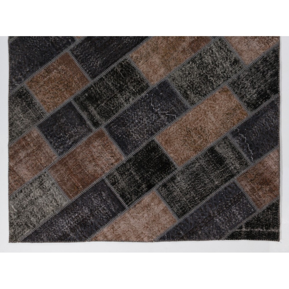 Handmade Turkish Patchwork Rug in Brown and Black Colors, Contemporary Re-Dyed Wool Carpet