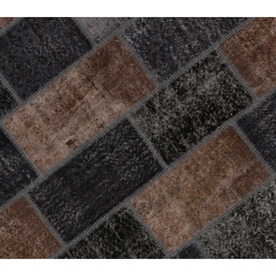 Turkish Hand Knotted Patchwork Rug in Brown and Black Colors, Contemporary Re-Dyed Wool Carpet